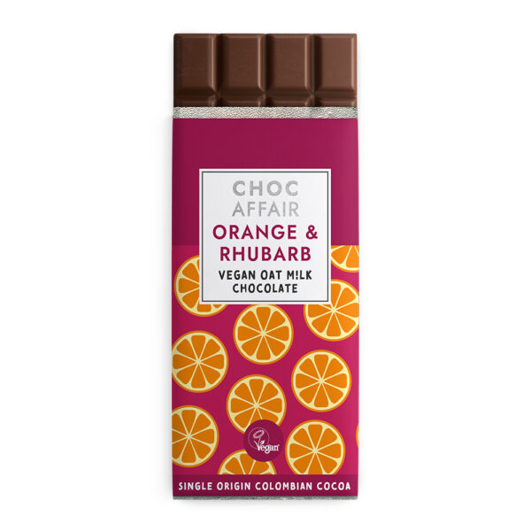 Orange & Rhubarb flavoured oat m!lk chocolate bar on white background