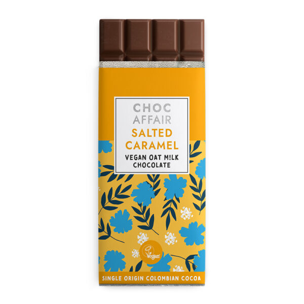 Salted caramel flavoured oat m!lk chocolate bar on white background Trade