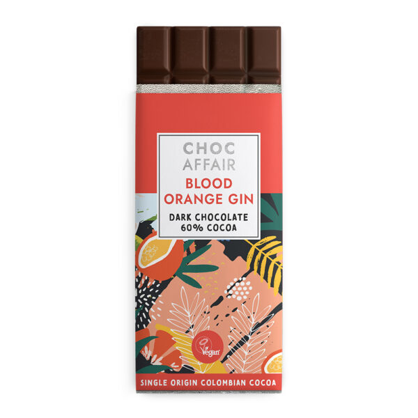 Blood Orange gin flavour infused dark chocolate bar on white background